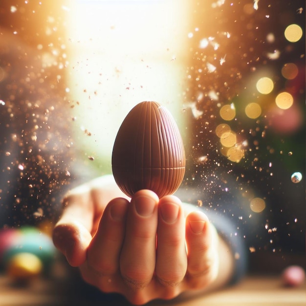 A chocolate Easter egg being held or tossed in the air