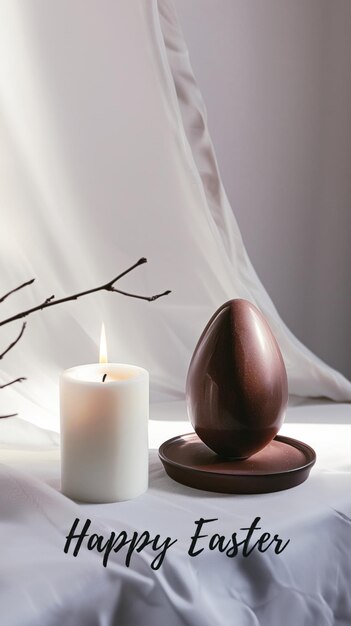 Chocolate Easter egg and candle on a white Easter card