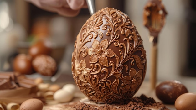 Шоколадное пасхальное яйцо, сложно украшенное сезонной радостью.