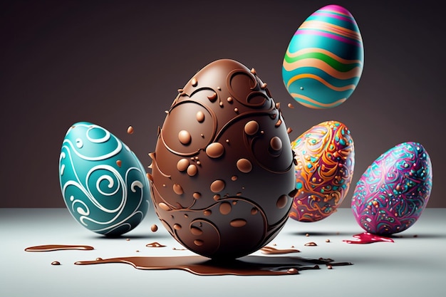A chocolate easter egg is surrounded by chocolate eggs.