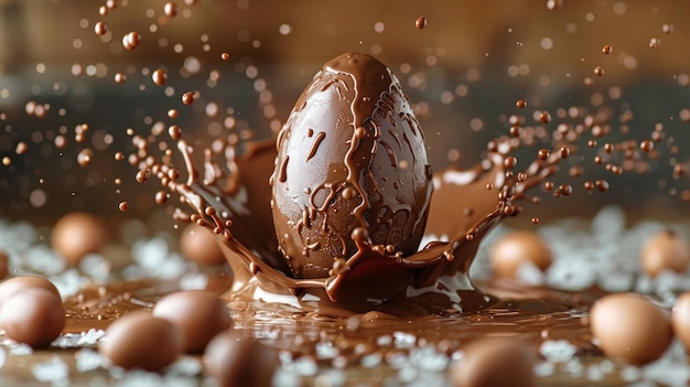 Foto un uovo di pasqua al cioccolato che fa uno splash vibrante e dinamico una celebrazione festiva e deliziosa ai generative