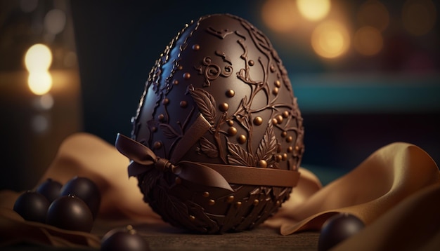 A chocolate easter egg with a gold design on it