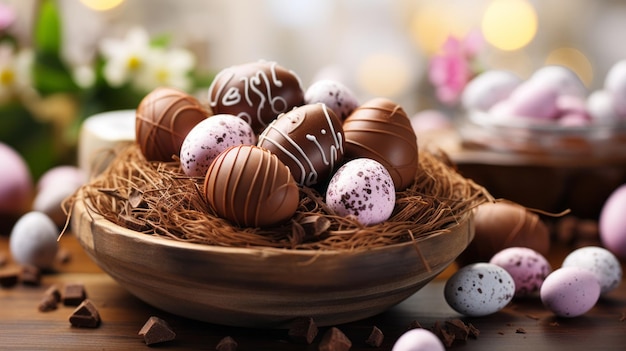 Chocolate easter eggs on bird nest on wooden table