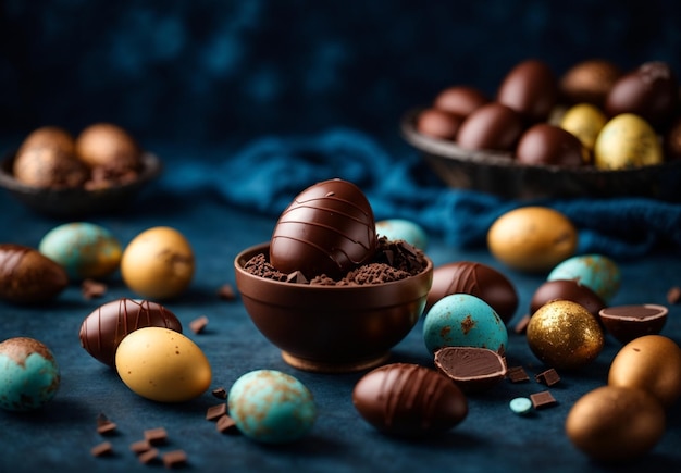 Chocolate Easter eggs on a blue background