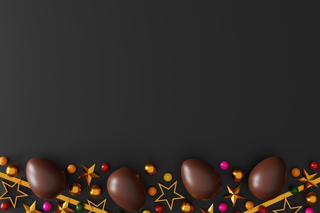 Chocolate easter eggs on dark background. top view. flat lay. 3D illustration