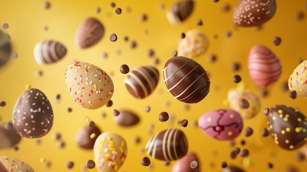 Chocolate Easter eggs falling on a yellow background