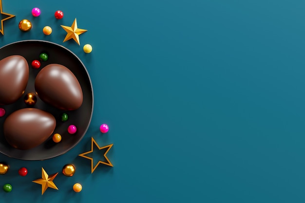 Chocolate easter eggs on green dark background. top view. flat lay. 3D illustration