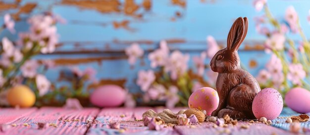 Chocolate easter eggs and a rabbit are placed on a colorful wooden background