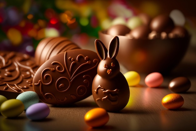 Chocolate easter eggs on a table with an easter themed background The chocolate egg or Easter eggs which are a millennial tradition became related to Christianity Various chocolates and flavors