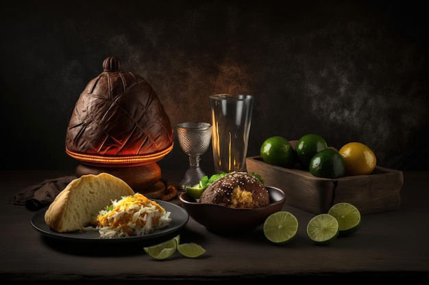 A chocolate easter meal with a chocolate egg on the table.