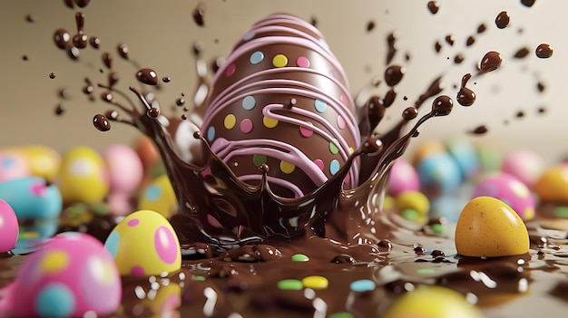 Foto uova di mangiatore di cioccolato che cadono nel cioccolatino liquido