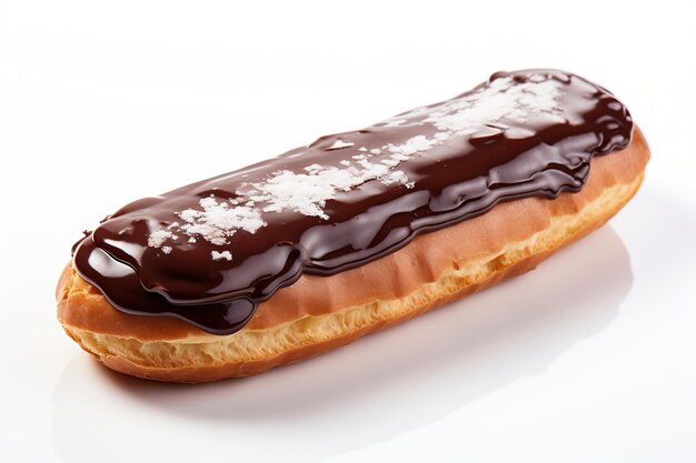 Foto un eclair al cioccolato su uno sfondo bianco distinto ia generativa