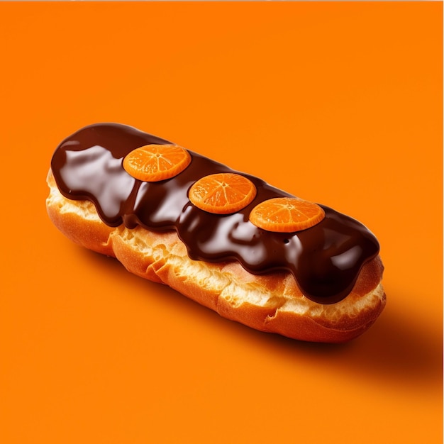 Photo chocolate eclair with orange slice on a colored background