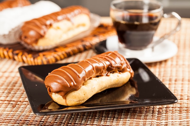 Chocolate eclairs with chocolate filling