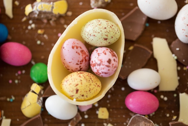 chocolate egg and candy drops on wooden table