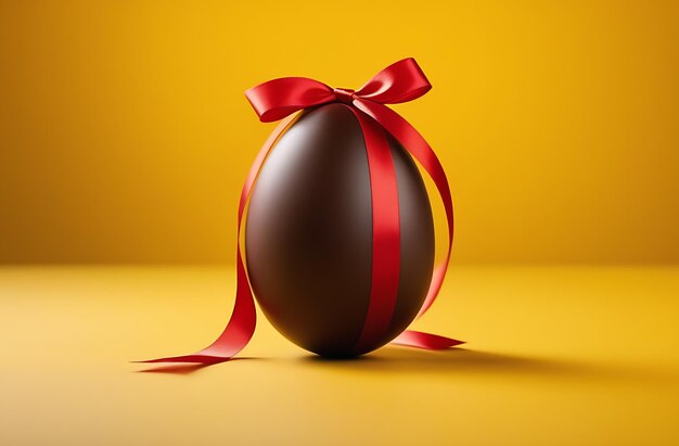 Chocolate egg with red bow on a yellow background Easter dessert for kids