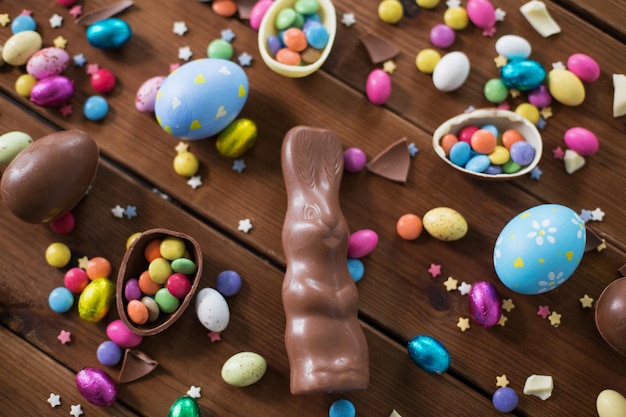 chocolate eggs easter bunny and candies on wood