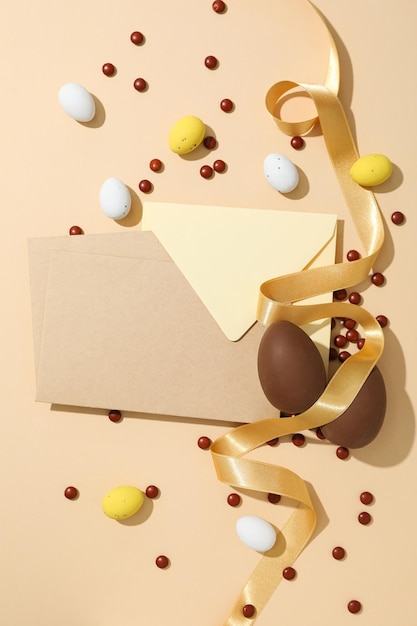 Chocolate eggs with a paper envelope on a light background