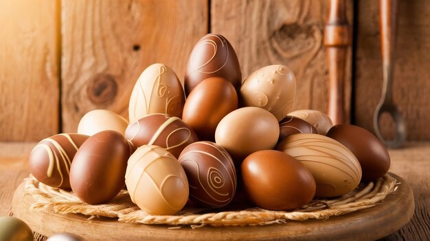 Шоколадные яйца на деревянном фоне
