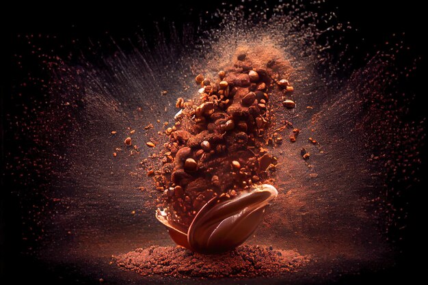 Chocolate explosion frozen chocolate chips 3d illustration Generative AI