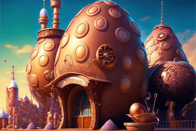 Chocolate factory in fantasy world giant easter egg factory digital illustration AI