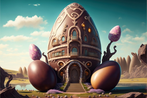 Шоколадная фабрика в фантастическом мире гигантская фабрика пасхальных яиц цифровая иллюстрация ИИ