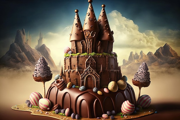 Chocolate factory in fantasy world, giant easter egg factory,