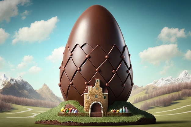 Chocolate factory in fantasy world, giant easter egg factory,