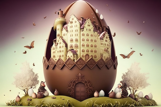 Chocolate factory in fantasy world, giant easter egg factory,