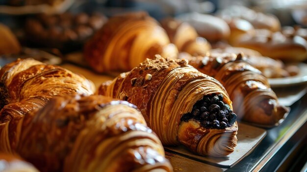 Photo chocolate filled croissant against a patisserie display