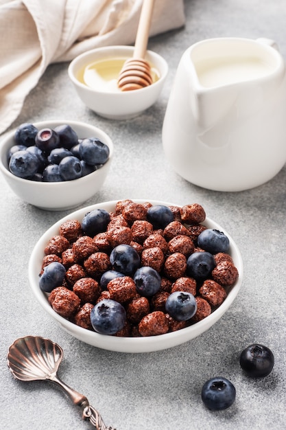 Chocolate flakes made from natural cereals with fresh blueberries