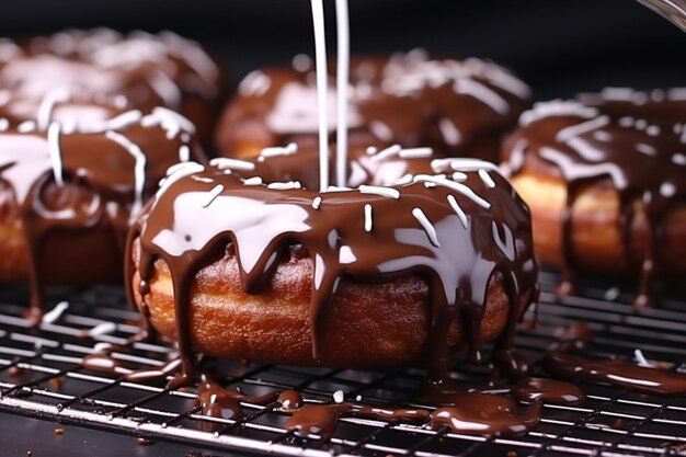 Chocolate flavor donuts with icing sugar on tray hd