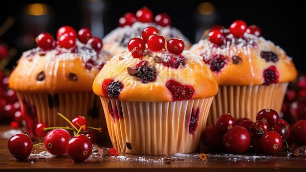 Chocolate flavored muffins on the table with blur background