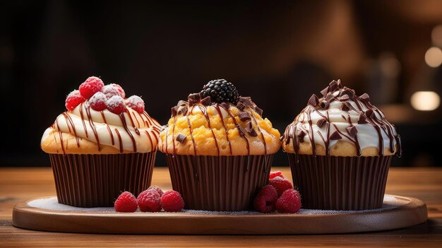 Chocolate flavored muffins on the table with blur background