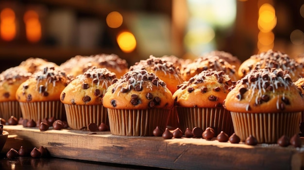 Chocolate flavored muffins on the table with blur background