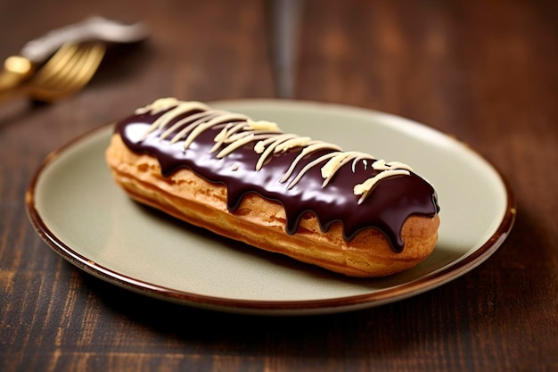 Photo a chocolate flavoured eclair is served on a ceramic plate