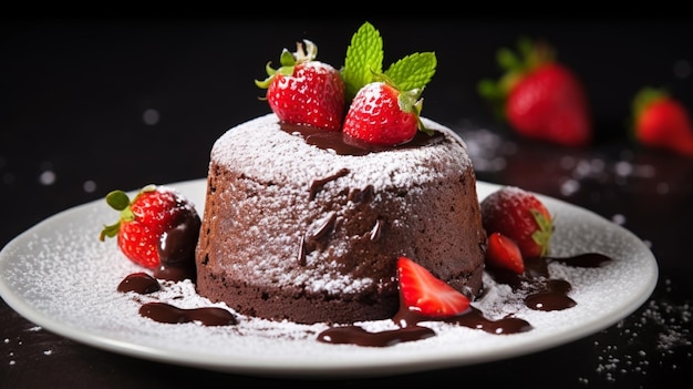 Chocolate fondant cupcake with strawberries and powdered sugar Generative AI