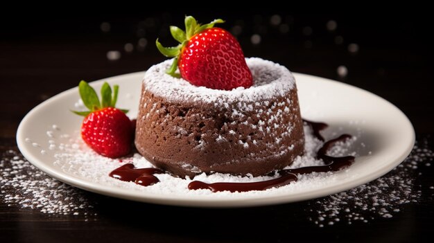 Chocolate fondant cupcake with strawberries and powdered sugar Generative AI