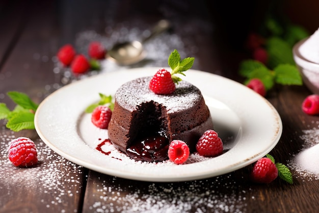 Chocolate fondant on a plate with raspberries