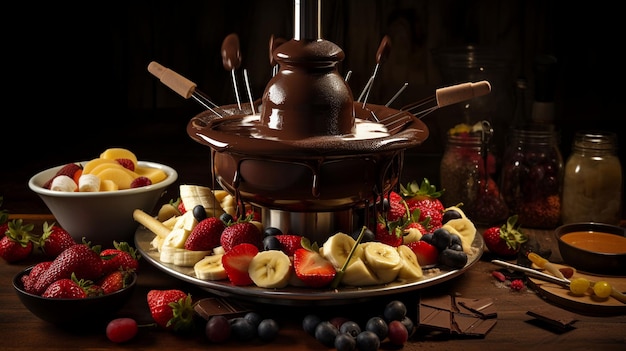 A chocolate fondue dessert is served on a platter with fruit and a bowl of fruit.