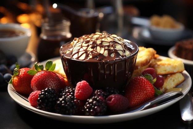 Foto fondue al cioccolato sul tavolo sullo sfondo di una caffetteria foto realistica generata dall'ai