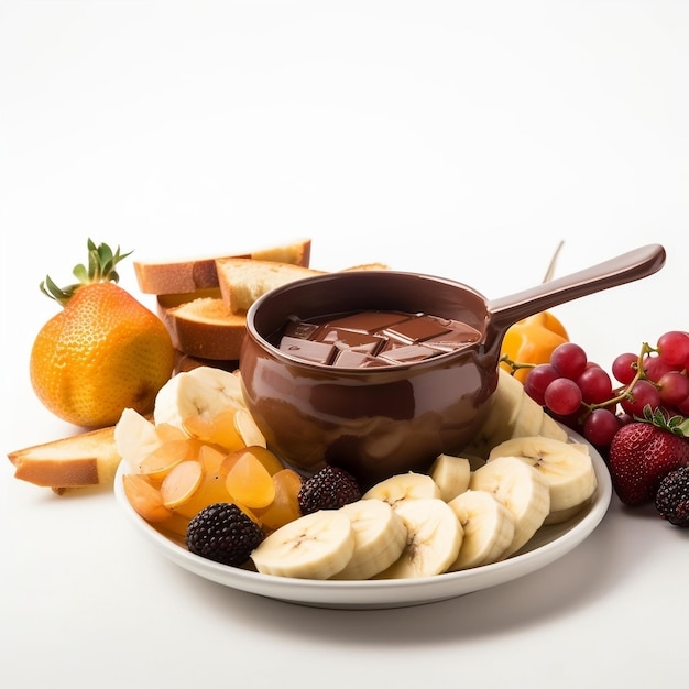 Chocolate fondue with fruits and toast