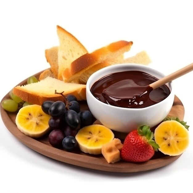 Chocolate fondue with fruits and toast