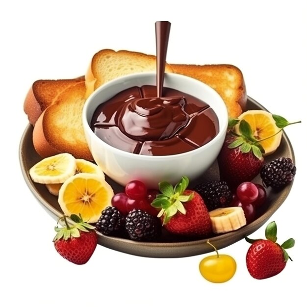 Photo chocolate fondue with fruits and toast