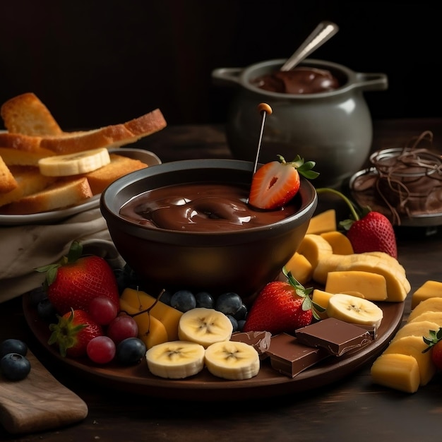 Photo chocolate fondue with fruits and toast