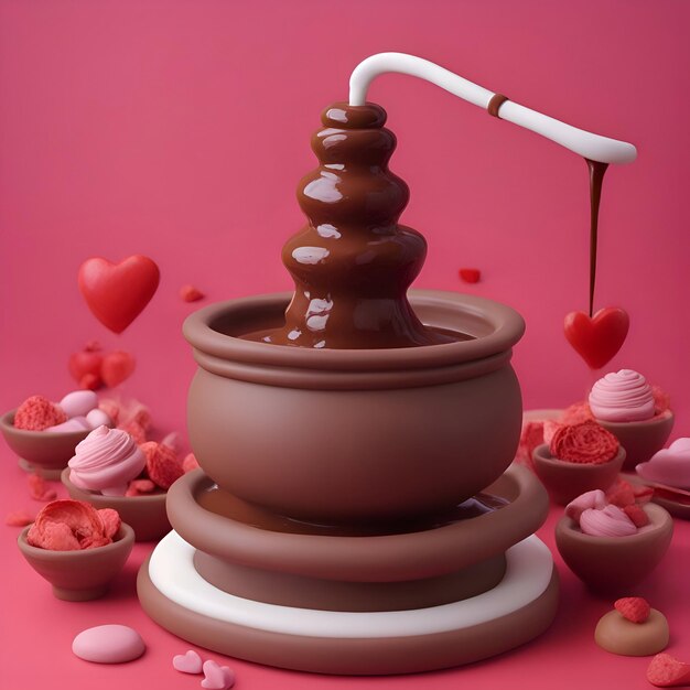 Foto fonduta di cioccolato con cuori e caramelle su sfondo rosa