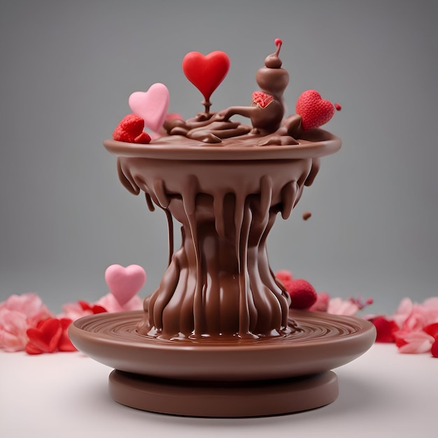 Foto fonduta di cioccolato con fragole e cuori su sfondo grigio