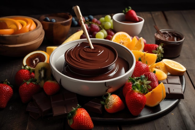 Chocolate fondue with strawberries and other fruit for dipping created with generative ai
