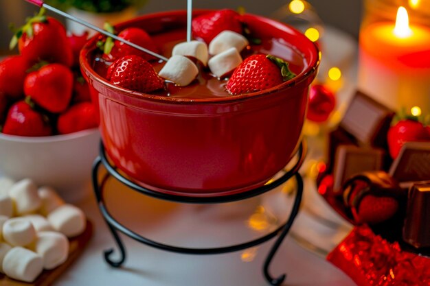 Chocolate fondue with strawberrieshmallows and candies