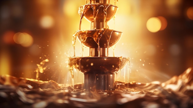 Chocolate fountain gushing against illuminated backdrop with left copyspace